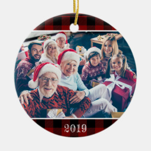 Rustic Red Buffalo Plaid Photo Christmas Family Ceramic Tree Decoration