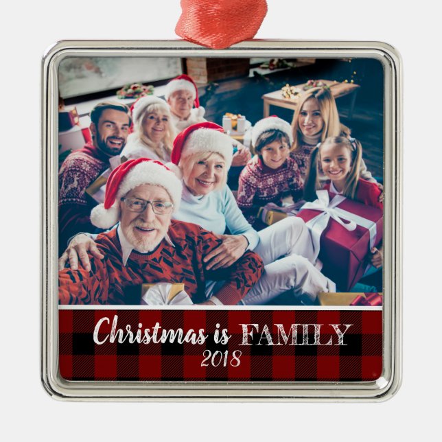 Rustic Red Buffalo Plaid Photo Christmas Family Metal Tree Decoration (Front)