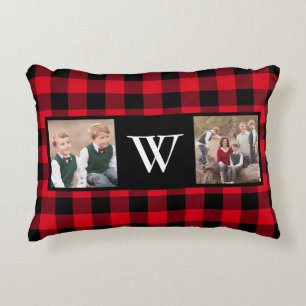 Rustic Red Buffalo Plaid Photo Collage Monogram Decorative Cushion