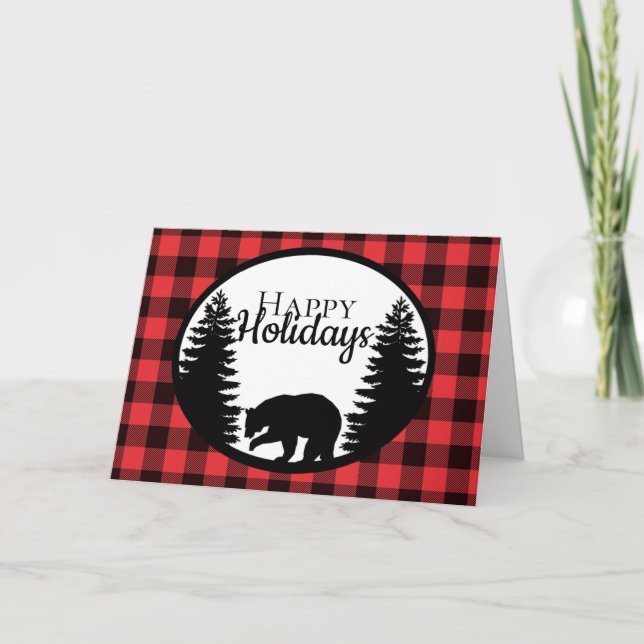 Rustic Red Buffalo Plaid Pines and Bear Holiday (Front)