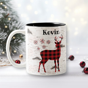 Rustic Red Buffalo Plaid Snowflakes Name Two-Tone Coffee Mug