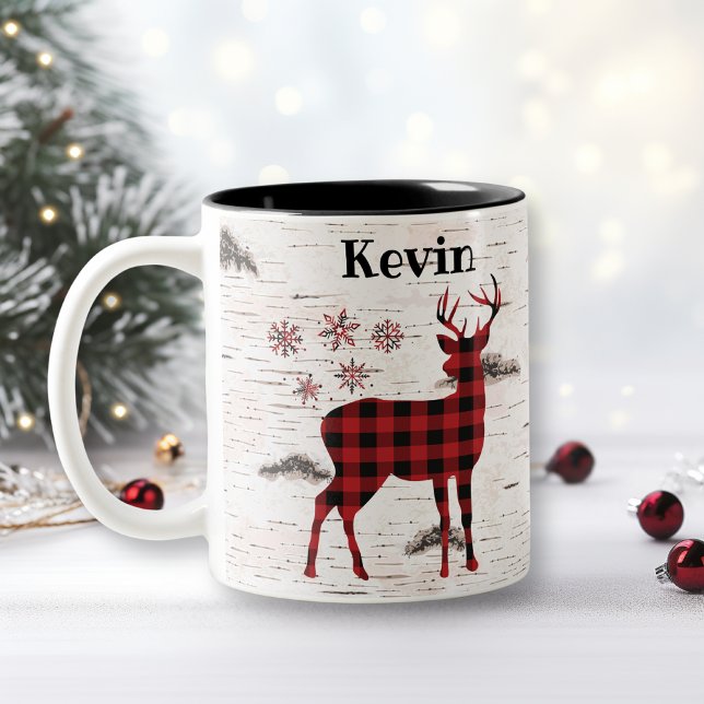 Rustic Red Buffalo Plaid Snowflakes Name Two-Tone Coffee Mug (Creator Uploaded)