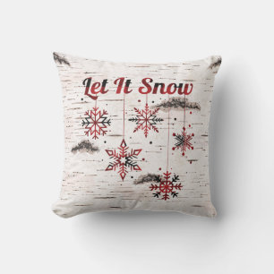 Rustic Red Buffalo Plaid Snowflakes on Birch Cushion
