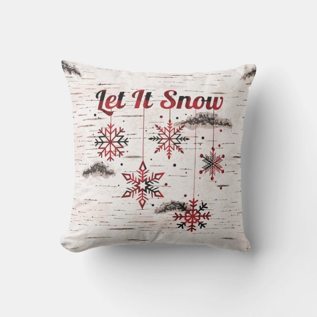 Rustic Red Buffalo Plaid Snowflakes on Birch   Cushion (Front)