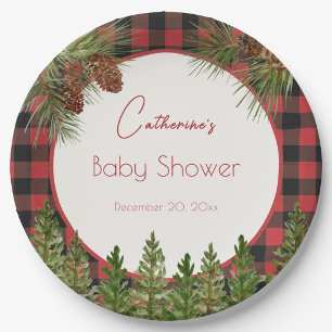 Rustic Red Buffalo Plaid Winter Baby Shower Paper Plate
