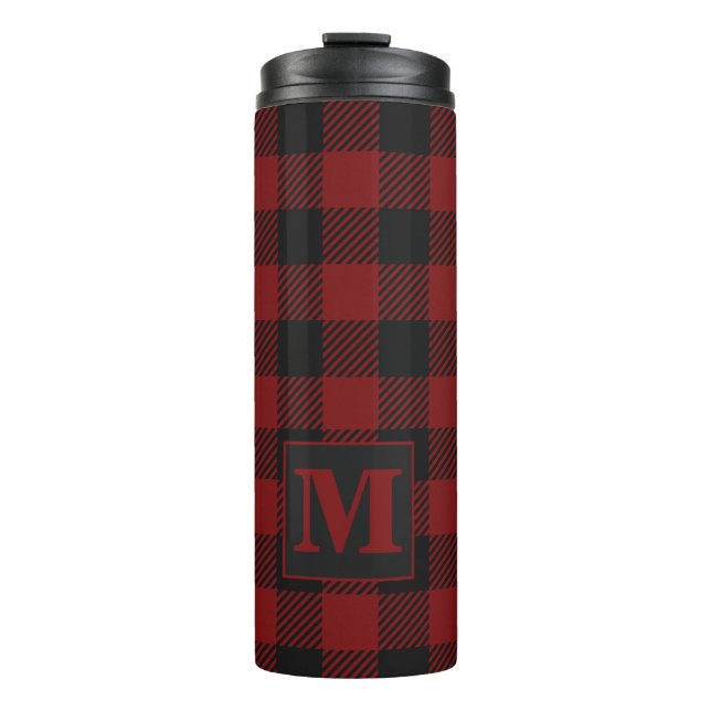 Rustic Red Buffalo Plaid Winter Monogram Thermal Tumbler (Front)