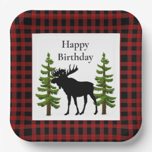 Rustic Red Buffalo Plaid with Moose Birthday Paper Plate