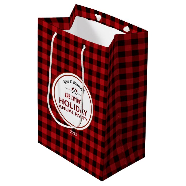 Rustic Red Buffalo Plaid Wood Holiday Annual Party Medium Gift Bag (Front Angled)