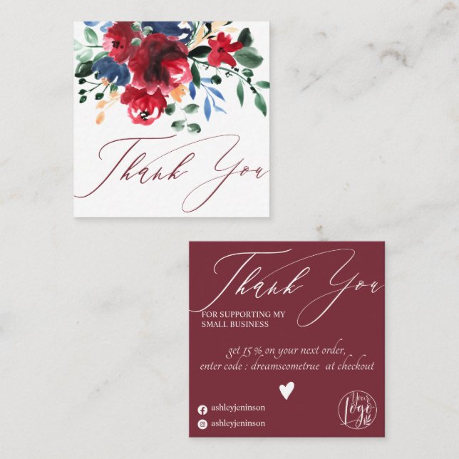 Rustic red burgundy floral navy order thank you square business card (Front/Back)