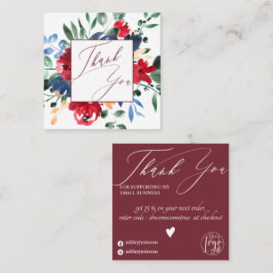 Rustic red burgundy floral navy order thank you square business card