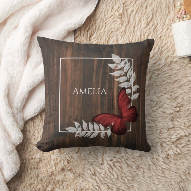 Rustic Red Butterfly Throw Pillow (Blanket)