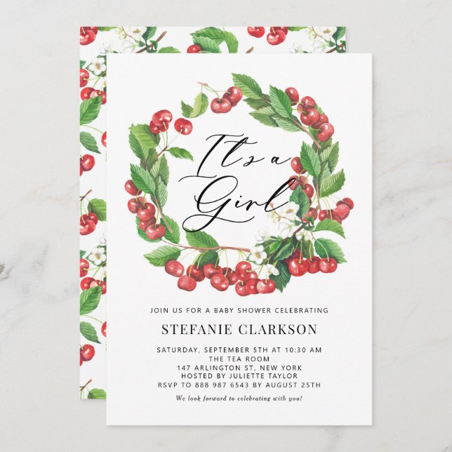Rustic Red Cherries Wreath It's a Girl Baby Shower Invitation (Front/Back)