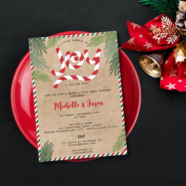 Rustic Red Christmas Candy Cane Joy Baby Shower Invitation (Creator Uploaded)