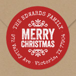 Rustic Red Christmas Circle Return Address Label<br><div class="desc">Affordable custom printed round return address stickers personalised with your family name and return address. This rustic modern holiday design features distressed MERRY CHRISTMAS lettering on a red background. Use the design tools to choose any background colour and edit text fonts and colours to further customise your own unique holiday...</div>