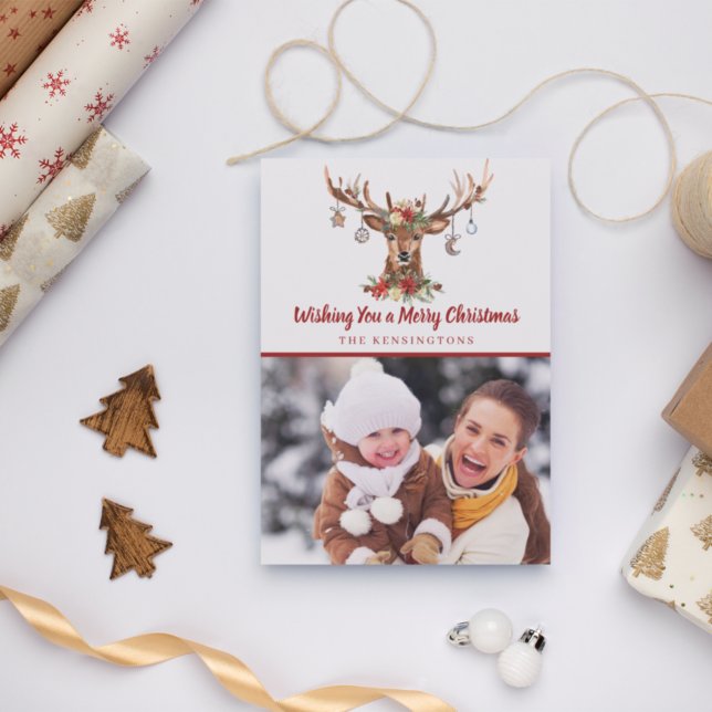 Rustic Red Christmas Deer Ornaments Holiday Photo Card (Creator Uploaded)