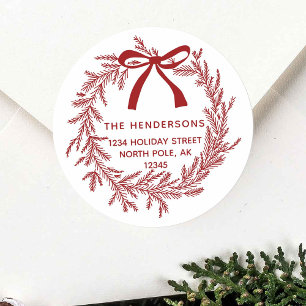 Rustic Red Christmas Pine Wreath Return Address  Classic Round Sticker