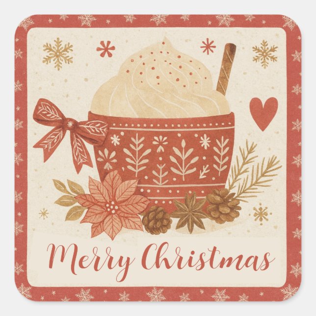 Rustic Red Cosy Scandinavian Merry Christmas Square Sticker (Front)