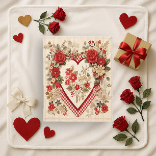 Rustic Red Cottagecore Floral Heart Gingham Art Fleece Blanket