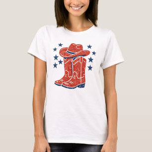 Rustic Red Cowboy Boots and Blue Stars Western T-Shirt