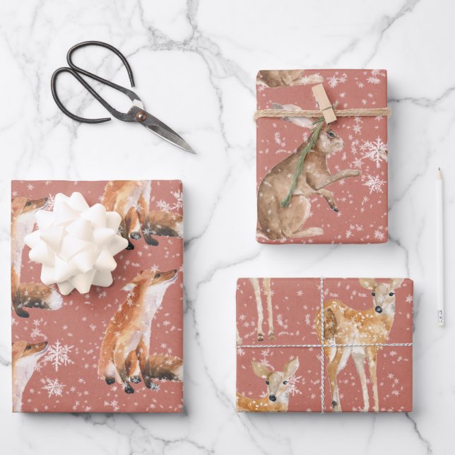 Rustic Red Elegant Snowy Winter Animals Wrapping Paper Sheet (Front)