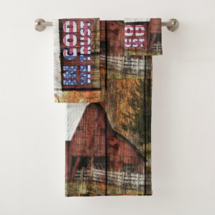 Rustic Red faded Barn With Latch In God We Trust Bath Towel Set