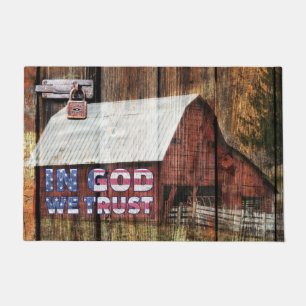 Rustic Red faded Barn With Latch In God We Trust Doormat
