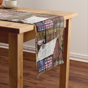 Rustic Red faded Barn With Latch In God We Trust Short Table Runner