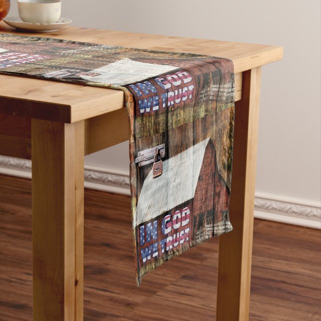 Rustic Red faded Barn With Latch In God We Trust Short Table Runner (In Situ)