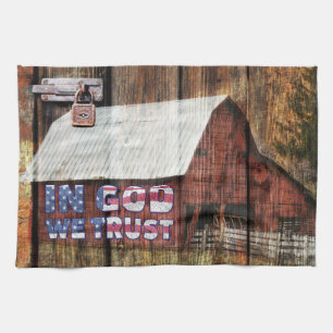 Rustic Red faded Barn With Latch In God We Trust Tea Towel