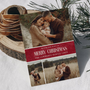Rustic Red Farmhouse Christmas 3 Photo Collage Holiday Card