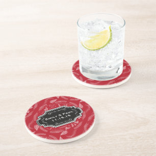 Rustic Red Feather Pattern Wedding Coasters