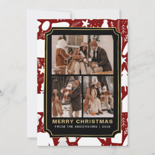 Rustic Red Festive Pattern 3 Photo Merry Christmas Holiday Card