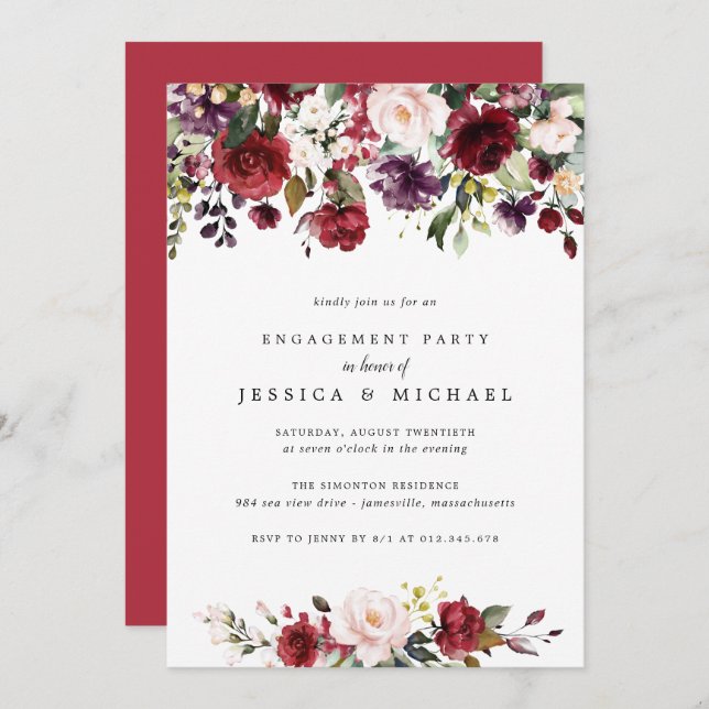 Rustic Red Floral Engagement Party Invitation (Front/Back)