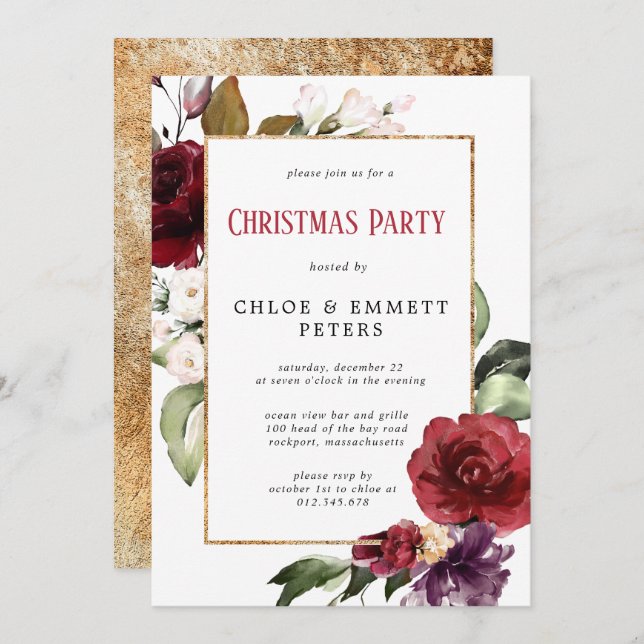 Rustic Red Floral Gold Christmas Party Invitation (Front/Back)