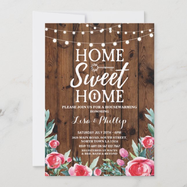 Rustic Red Floral Housewarming Wood Key Invite (Front)