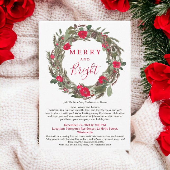 Rustic Red Floral Wreath Cosy Christmas Gathering Invitation (Rustic Red Floral Wreath Cozy Christmas Gathering Invitation)