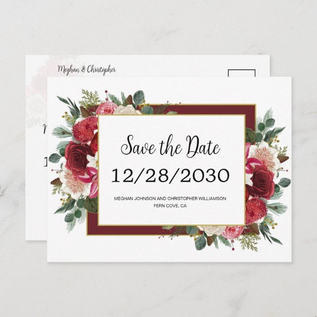 Rustic Red Flowers Winter Wedding Save the Date Announcement Postcard (Front/Back)