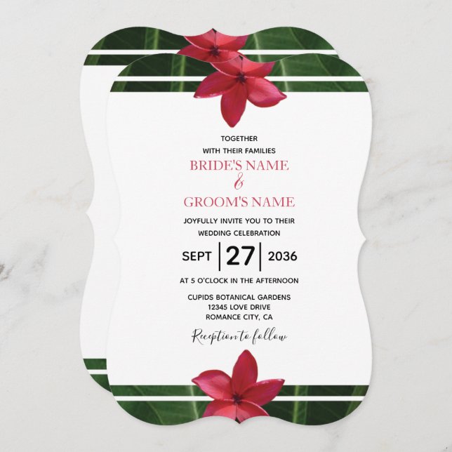 Rustic Red Frangipani Plumeria Wedding Invitations (Front/Back)
