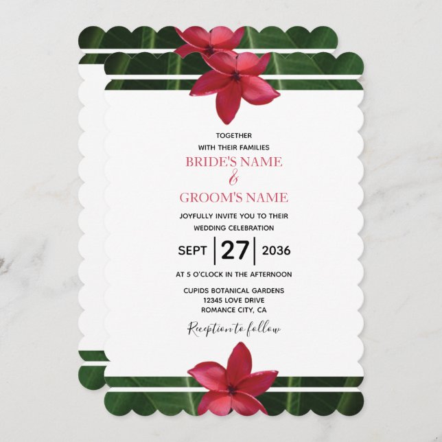 Rustic Red Frangipani Plumeria Wedding Invitations (Front/Back)