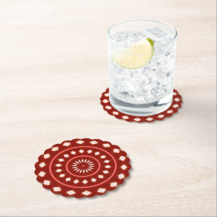 Rustic Red Geometric Sunburst Abstract Art Paper Coaster