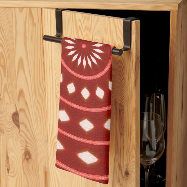 Rustic Red Geometric Sunburst Abstract Art Tea Towel (Thirds Fold)