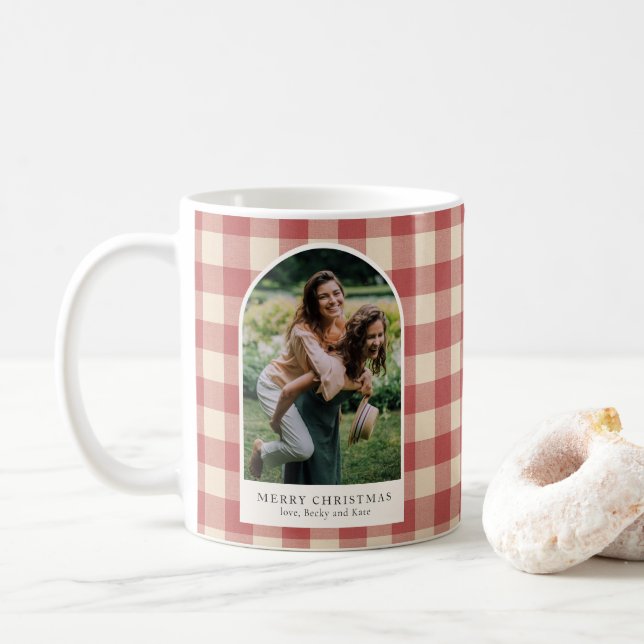 Rustic Red Gingham Arch Photo Modern Christmas Coffee Mug (With Donut)