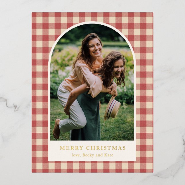 Rustic Red Gingham Arch Photo Modern Christmas Foil Holiday Postcard (Front)