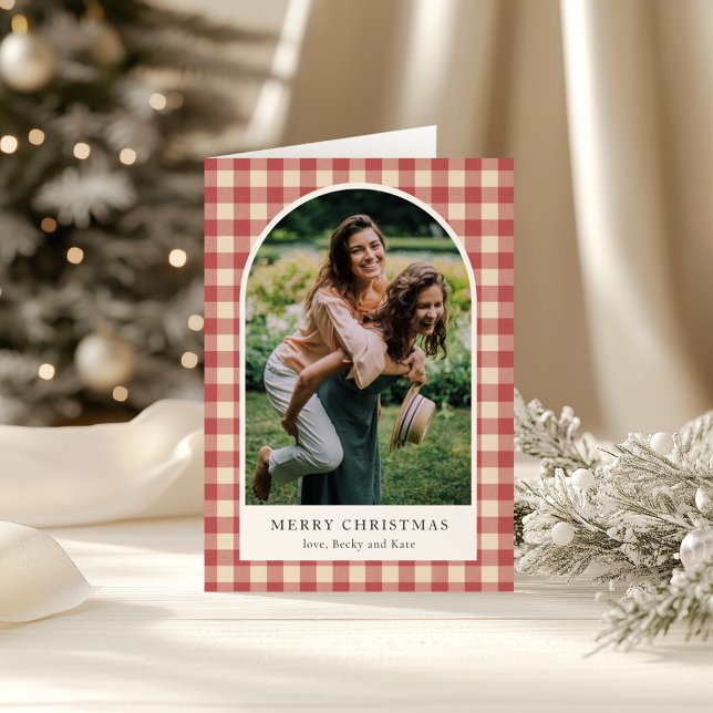 Rustic Red Gingham Arch Photo Modern Christmas Holiday Card (Creator Uploaded)