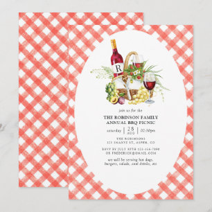 Rustic Red Gingham BBQ Picnic Monogram Invitation