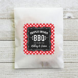 Rustic Red Gingham BBQ Wedding Couples Shower Square Sticker<br><div class="desc">Casual BBQ / barbecue themed couple's wedding shower favour stickers feature a soft black / charcoal frame,  western and modern fonts,  star accents,  and a red summer gingham tablecloth plaid border design.</div>