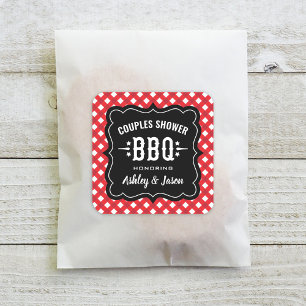 Rustic Red Gingham BBQ Wedding Couples Shower Square Sticker