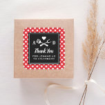 Rustic Red Gingham BBQ Wedding Thank You Square Sticker<br><div class="desc">Wedding thank you favour stickers feature a black and white barbecue themed design with a BBQ fork and spatula grilling utensils and a heart accent. Personalise the custom monogram initials and "Thank you for joining us to celebrate!" message. Includes a red and white gingham tablecloth patterned background. Perfect for a...</div>