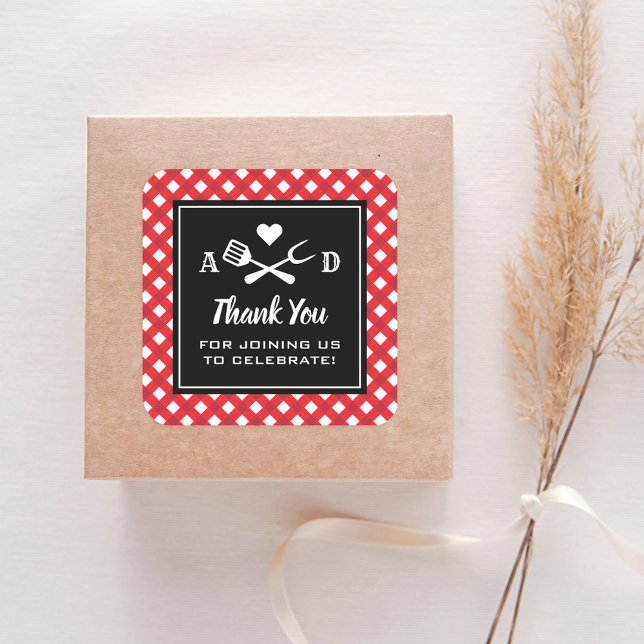 Rustic Red Gingham BBQ Wedding Thank You Square Sticker (Creator Uploaded)