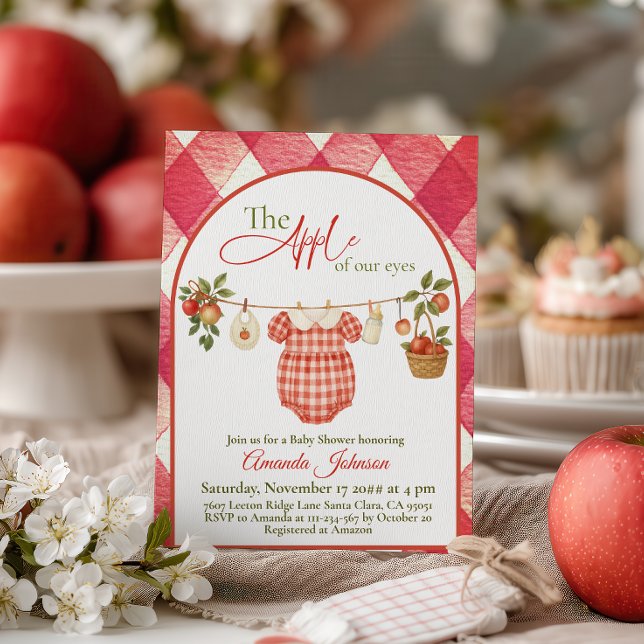 Rustic Red Gingham Clothesline Apple Baby Shower Invitation (Creator Uploaded)